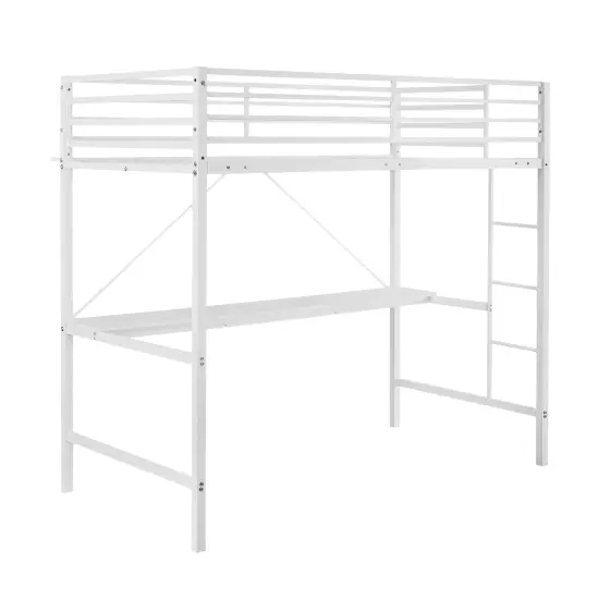 Emma and Oliver Jensen Metal Loft Bed Frame with Desk, Protective Guard Rails and Ladder for Kids, Teens and Adults White {1}