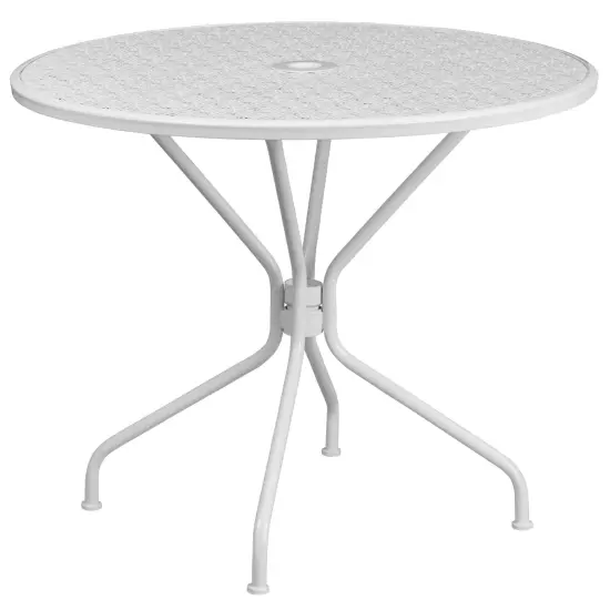 Emma and Oliver Commercial 35.25" Round Metal Garden Patio Table Set w/ 2 Round Back Chairs White {3}