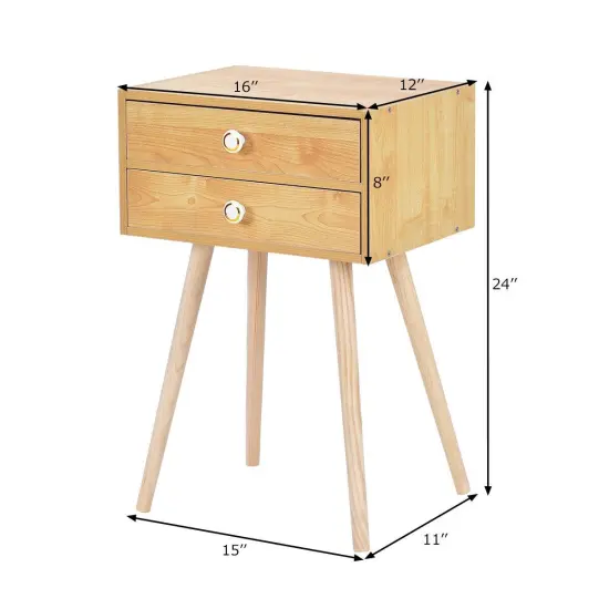 Modern Floor Standing 2 Drawers Nightstand with Wooden Legs and Golden Knob Natural {4}