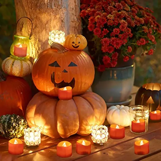 Halloween 24 Pack Orange Tea Light Candles, Battery Operated LED Tealights, Small Pumpkins Lights, Flameless, Electric Fake Tea Candles {4}