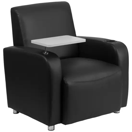 Emma and Oliver Faux Leather Guest Chair with Tablet Arm, Chrome Legs and Cup Holder Black {1}