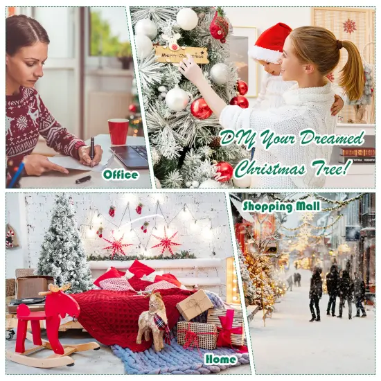 Costway 8ft Snow Flocked Christmas Tree Glitter Tips w/ Pine Cone & Red Berries {6}