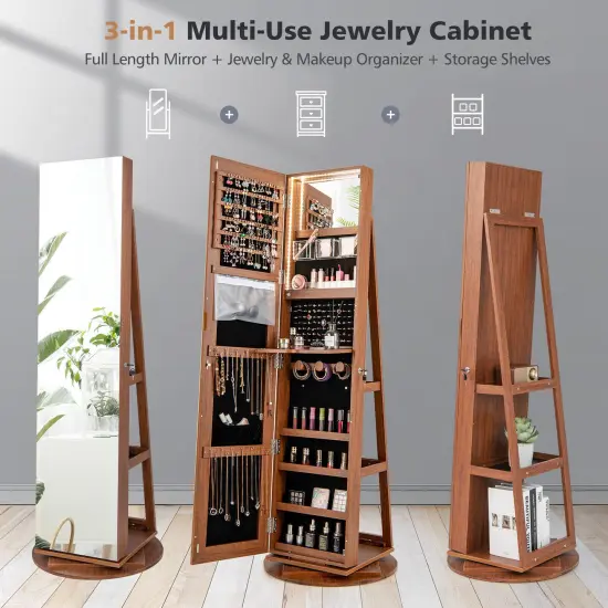 360 Degree Full Length Mirror Jewelry Armoire Cabinet with 3-Color LED Lights and Lockable Door Dark Brown {3}