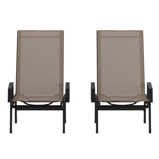 Emma and Oliver Braelin Set of 2 Textilene Adjustable 5 Position Patio Chaise Lounge with Armrests and Metal Frame Black/Brown {1}
