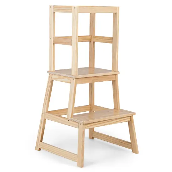 2-in-1 Multifunctional Wooden Kids Step Stool with Safety Guardrail and Wide Platform Natural {1}