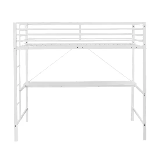 Emma and Oliver Jensen Metal Loft Bed Frame with Desk, Protective Guard Rails and Ladder for Kids, Teens and Adults White {3}