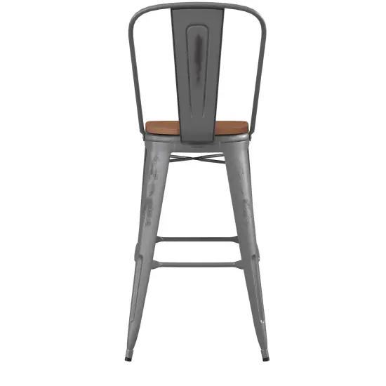 Emma and Oliver Grant Clear Coated Metal Stool with Backrest and Polyresin Seat for Indoor Use Only Clear Coated/Teak {4}