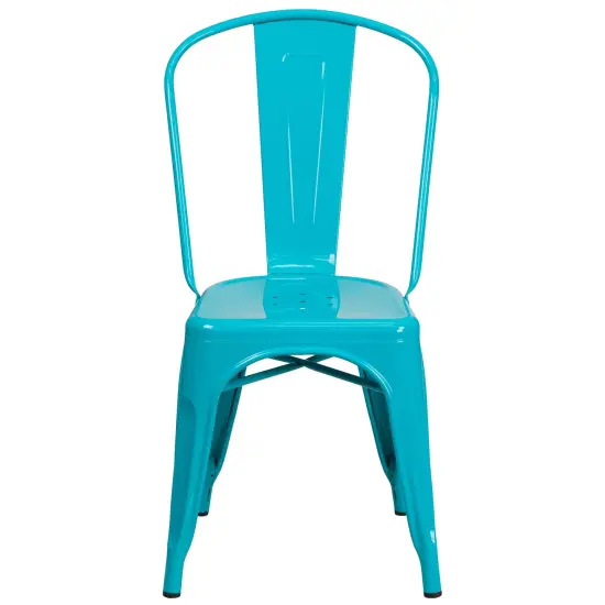 Merrick Lane Wells Indoor/Outdoor Stacking Metal Dining Chair with Single Slat Back and Powder Coated Finish Crystal Teal-Blue {3}