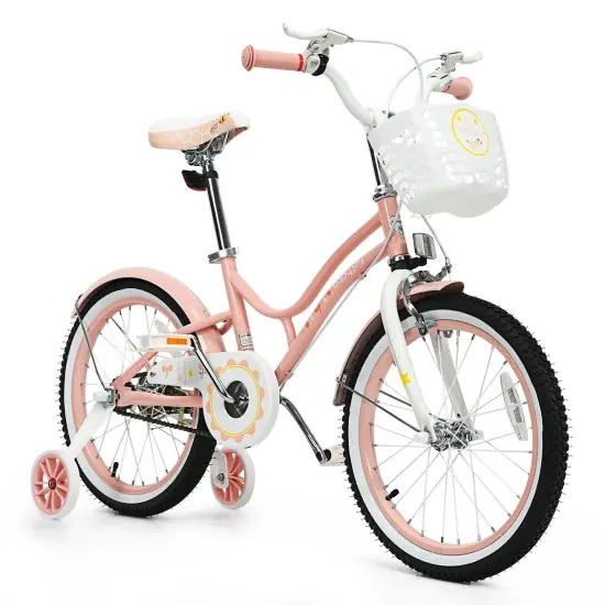 18 Inch Kids Adjustable Bike with Removable Training Wheels and Detachable Basket Pink {1}