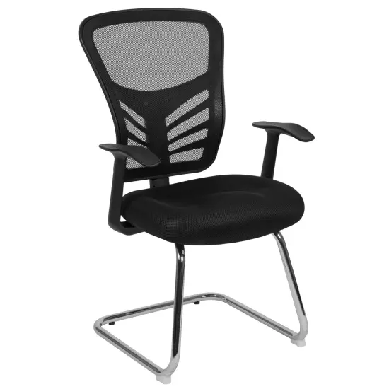 Emma and Oliver Mesh Side Reception Chair with Chrome Sled Base Black {1}