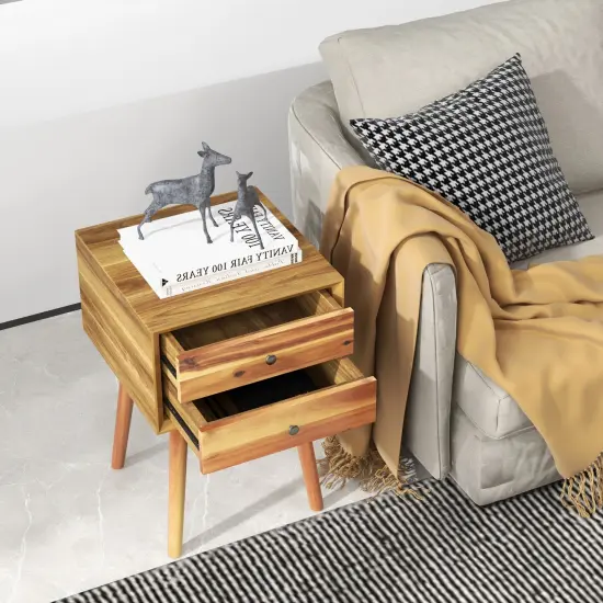23.5 Inch Nightstand End Side Table with 2 Storage Drawers and Rubber Wood Legs Natural {3}