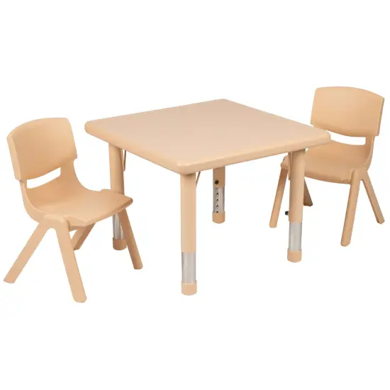 Emma and Oliver 24" Square Plastic Height Adjustable Activity Table Set with 2 Chairs Natural {2}