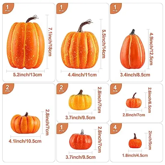 Pumpkin Fall Decorations, Decorative Large Small Outdoor Orange Foam Plastic Fake Faux Artificial Pumpkins for Halloween Autumn Harvest Festival Home Table Decor 16pcs {4}