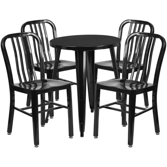 Emma and Oliver Commercial Grade 24" Round Metal Indoor-Outdoor Table Set & 4 Slat Back Chairs Black {1}