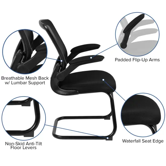 Emma and Oliver Mesh Sled Base Side Reception Chair with Flip-Up Arms Black Mesh {2}