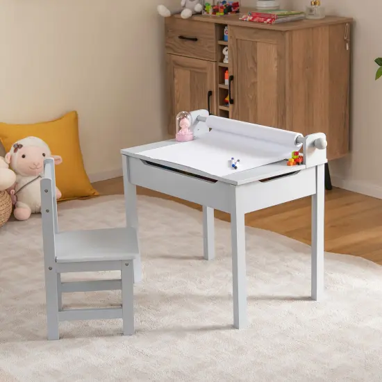 Wooden Kids Table and Chair Set with Storage and Paper Roll Holder Grey {2}