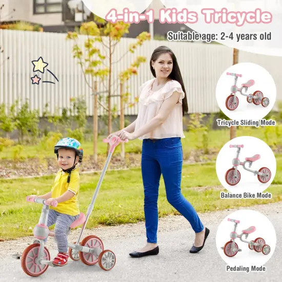 4-in-1 Kids Trike Bike with Parental Control Handlebar and 4 Level Adjustable Height Pink {4}
