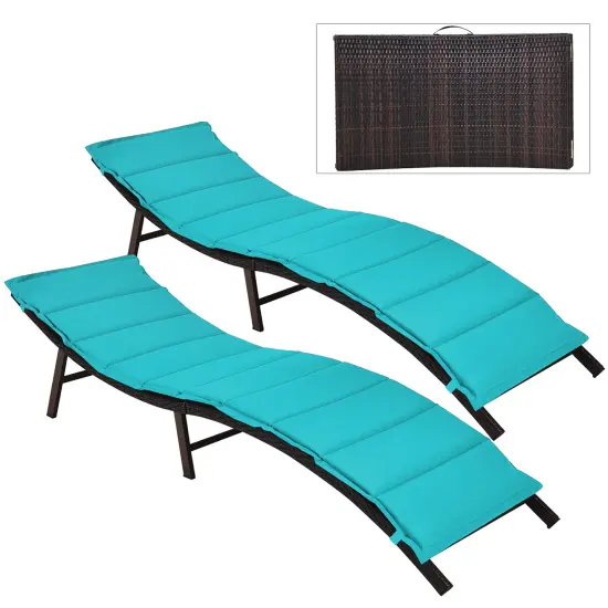 Costway 2PCS Patio Rattan Folding Lounge Chair Chaise Double Sided Cushion Turquoise {4}