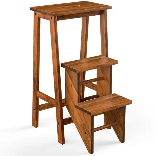 3-in-1 Rubber Wood 3 Tier Folding Step Stool Ladder Storage Shelf Coffee {1}
