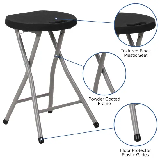 Emma and Oliver 2 Pack Foldable Stool with Plastic Seat and Powder Coated Frame Black {2}