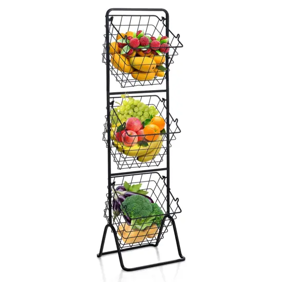 3-Tier Black Fruit Basket Stand with Adjustable Heights and Removable Fruit Bowls {3}