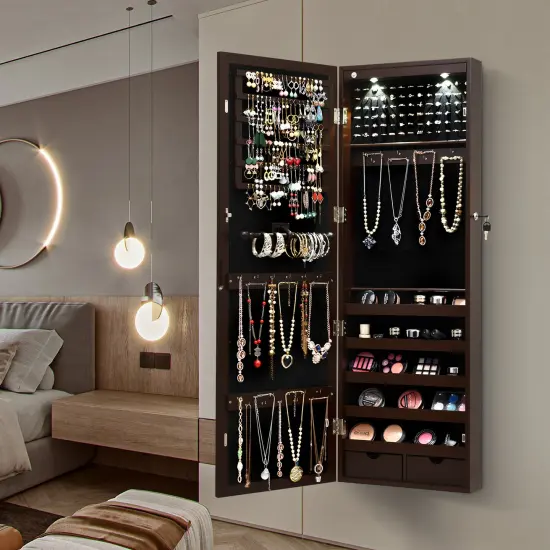 Lockable Wall Mount Mirrored Jewelry Cabinet with LED Lights Brown {2}
