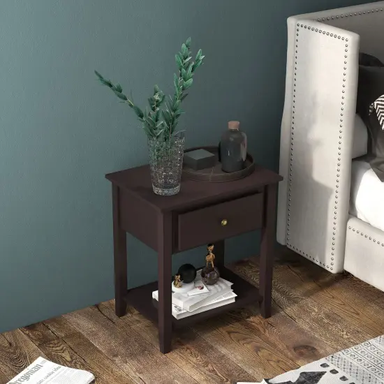 Nightstand with Drawer and Storage Shelf for Bedroom Living Room Dark Brown {1}