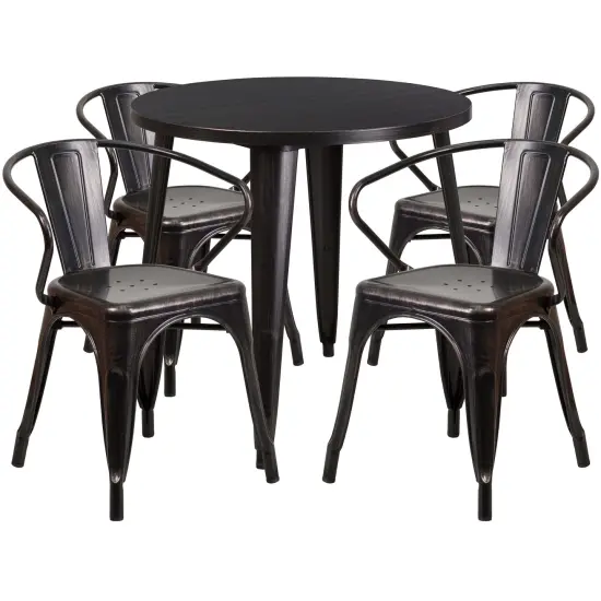 Emma and Oliver Commercial Grade 30" Round Metal Indoor-Outdoor Table Set with 4 Arm Chairs Black-Antique Gold {1}