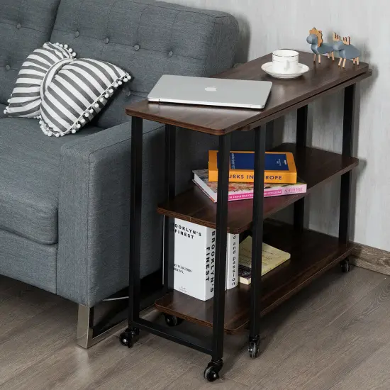Costway Patented Walnut Sofa Side Table Rotating Bookcase End Table w/Wheels {6}