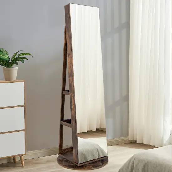 360 Degree Full Length Mirror Jewelry Armoire Cabinet with 3-Color LED Lights and Lockable Door Brown {6}