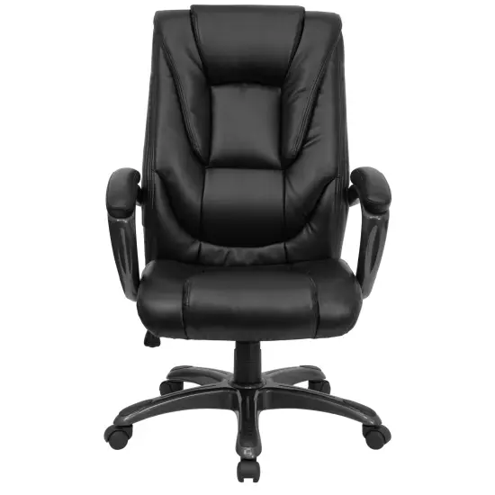 Emma and Oliver High Back Leather Layered Upholstered Executive Swivel Ergonomic Office Chair with Smoke Metal Base and Padded Arms Black {3}
