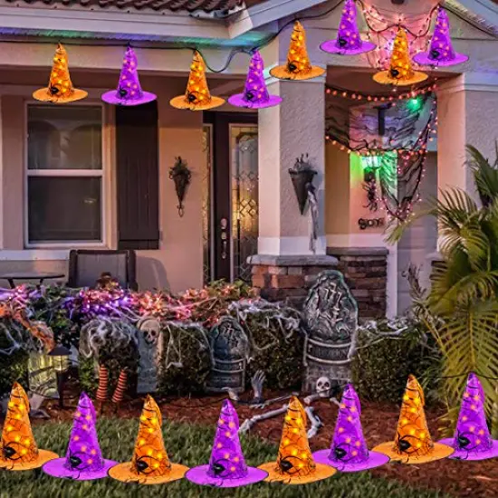 Twinkle Star Halloween Decorations 8 Pcs Lighted Hanging Witch Hats, 14ft 56 LEDs Halloween Indoor Outdoor Remote Control String Lights, Battery Powered with 8 Lighting Modes for Garden, Yard, Tree {4}