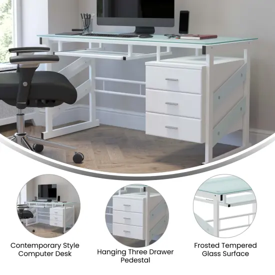 Emma and Oliver White Computer Desk with Frosted Glass Top and Three Drawer Pedestal Frosted/White {2}