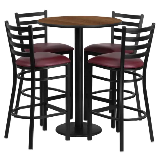 Emma and Oliver 30" Round Laminate Table Set with 4 Ladder Back Metal Stools NaturalTop/BlackVYL {3}
