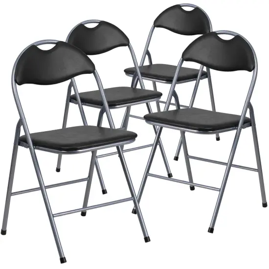 Emma and Oliver 4 Pack Vinyl Metal Folding Chair with Carrying Handle Black {1}