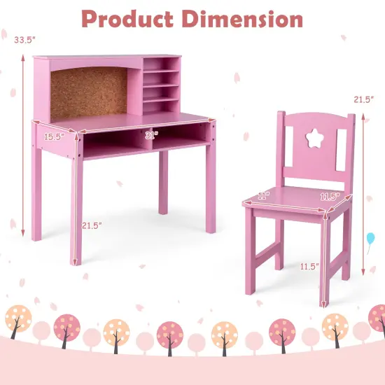 Kids Wooden Desk and Chair Set with 4-tier Storage Shelves and 2 Open Drawers Pink {3}