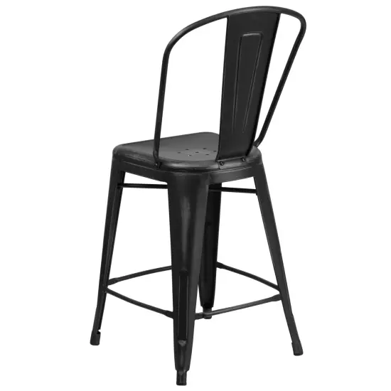 Merrick Lane Sabine Metal Indoor-Outdoor Counter Stool with Vertical Slat Back and Integrated Footrest Black {4}