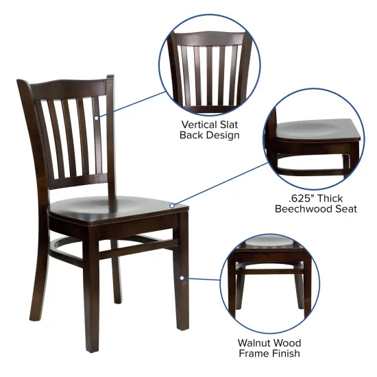 Emma and Oliver Vertical Slat Back Wooden Restaurant Dining Chair WalnutSeat/Walnut {2}