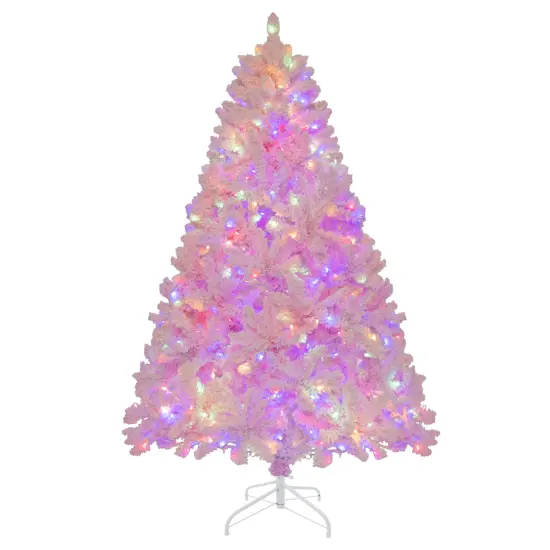 Costway 6 FT Flocked Artificial Christmas Tree Hinged with 350 LED Lights 808 Branch Tips {2}