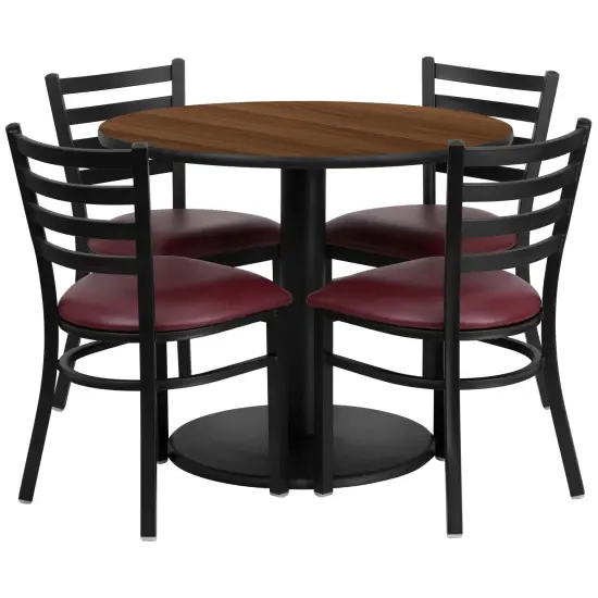 Emma and Oliver 36" Round Laminate Table Set with 4 Ladder Back Metal Chairs Walnut/BurgundyVYL {1}