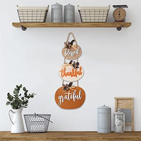 HOMirable Blessed Thankful Grateful Sign Farmhouse Thanksgiving Wall D&eacute;cor Rustic Wooden Sign Vintage Hanging Decoration Autumn Harvest Halloween Signs {4}