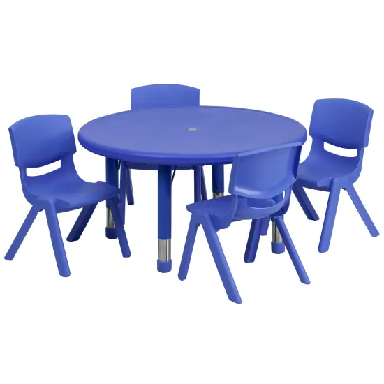 Emma and Oliver 33" Round Plastic Height Adjustable Activity Table Set with 4 Chairs Blue {1}