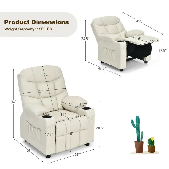 Kids Recliner Chair with Cup Holders Suitable for Children's Room, Living Room and Bedroom Beige {4}