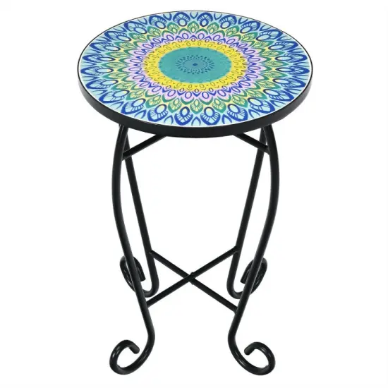 Steel Mosaic Round Accent Table for Patio Lawn Garden Blue ocean {8}