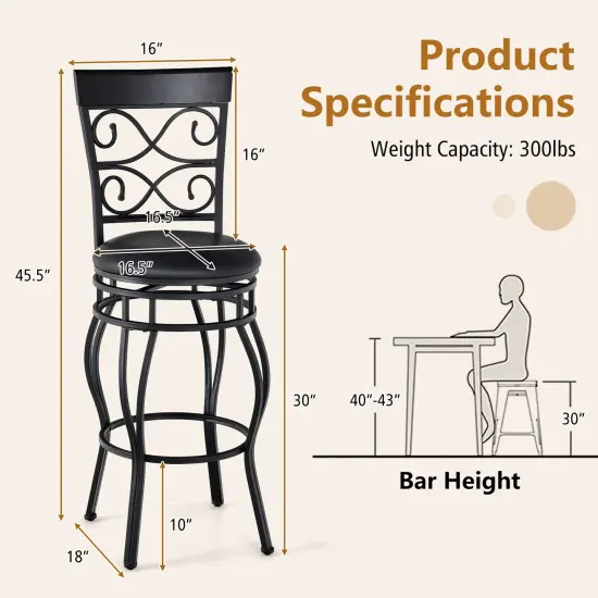 30 Inch Set of 2 Swivel Bar Stool with Curved Backrest and Footrest Black {4}