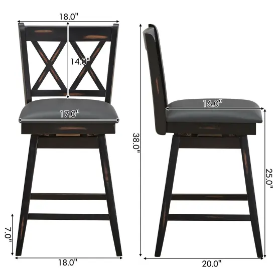 2 Pieces 25 Inch Swivel Counter Height Barstool Set with Rubber Wood Legs Black {4}