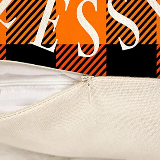 4TH Emotion Fall Decor Pillow Covers 18x18 Set of 4 Thanksgiving Buffalo Check Farmhouse Decorations Orange Black Pumpkin Maple Leaves Outdoor Decorative Throw Cushion Case for Home Couch TH025-18 {5}