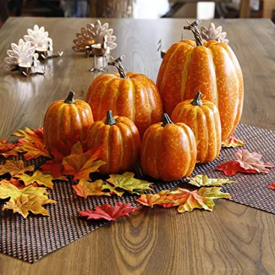 Thanksgiving Decorations Artificial Pumpkins, Realistic Foam Yellow Pumpkin with 100 pcs Maple Leaves Made of Cloth, Fall Decorations for Home Kitchen Table Indoor Outdoor {2}