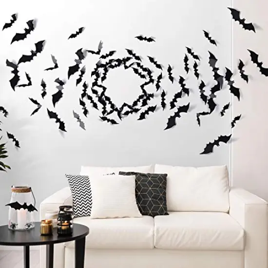 Coogam 60PCS Halloween Bats Decoration, 4 Different Sizes Realistic PVC Black 3D Scary Bat Sticker for Home Decor DIY Wall Decal Bathroom Indoor Hallowmas Party Supplies {4}