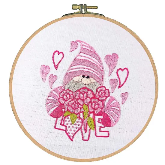 CraftwaysPink Gnome Love Roses Hoop Stamped Embroidery Kit Multi {1}